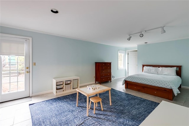 bedroom with tile patterned flooring, access to exterior, multiple windows, and crown molding