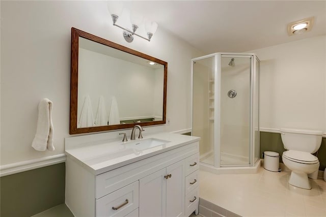 bathroom with vanity, a shower stall, toilet, and tile patterned flooring