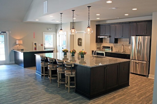 kitchen featuring a sink, stainless steel appliances, a healthy amount of sunlight, and a large island with sink