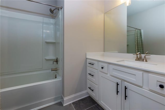 bathroom with tile patterned floors, vanity, and shower / bathtub combination with curtain