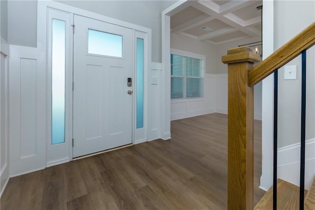 foyer with beam ceiling, dark hardwood / wood-style floors, and coffered ceiling