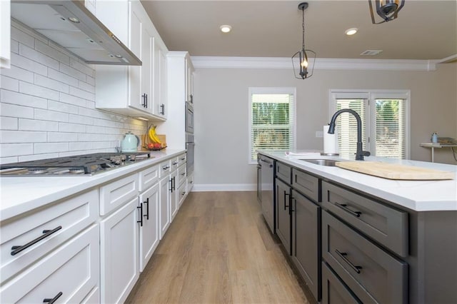 kitchen featuring decorative backsplash, stainless steel appliances, sink, white cabinetry, and range hood