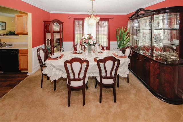 1801 Deer Crossing Cir, Jonesboro, GA 30236 - carpeted dining area featuring a chandelier, wainscoting, and ornamental molding