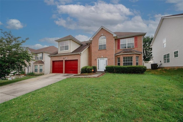 1801 Deer Crossing Cir, Jonesboro, GA 30236 - view of front of house featuring brick siding, driveway, a front yard, central AC unit, and an attached garage