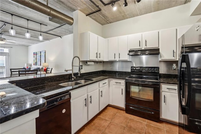 800 Peachtree St NE Unit 2304, Atlanta, GA 30308 - kitchen with black appliances, a sink, under cabinet range hood, and white cabinetry