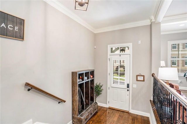 entryway featuring ornamental molding, plenty of natural light, and dark hardwood / wood-style floors