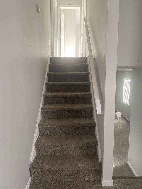 stairway featuring visible vents, baseboards, and carpet floors
