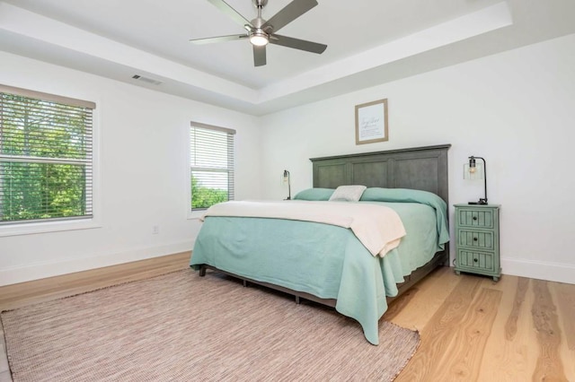 1013 Liberty Springs Dr, Woodstock, GA 30188 - bedroom featuring light wood-style floors, a raised ceiling, baseboards, and a ceiling fan
