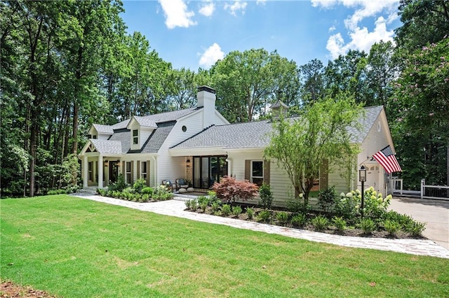 12410 Charlotte Dr, Alpharetta, GA 30004 - view of front facade featuring a front lawn, concrete driveway, a shingled roof, a chimney, and a garage