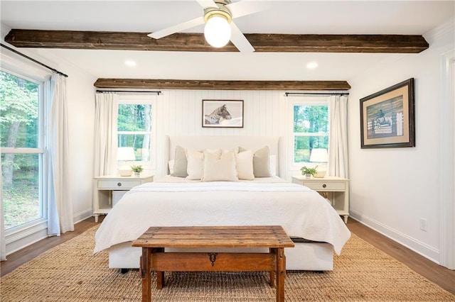12410 Charlotte Dr, Alpharetta, GA 30004 - bedroom featuring wood finished floors, beam ceiling, multiple windows, ceiling fan, and recessed lighting