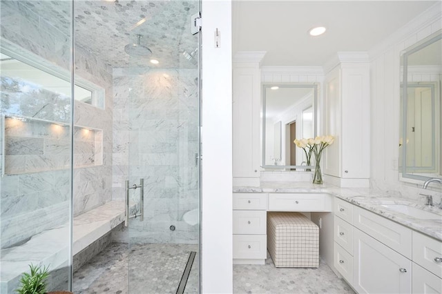 12410 Charlotte Dr, Alpharetta, GA 30004 - bathroom featuring ornamental molding, a marble finish shower, and vanity