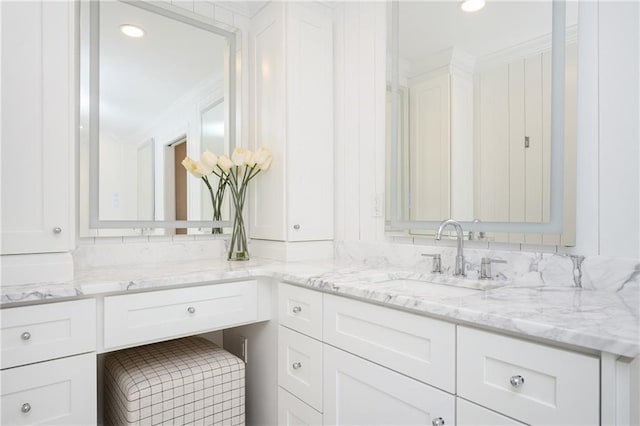 12410 Charlotte Dr, Alpharetta, GA 30004 - bathroom with double vanity, ornamental molding, and recessed lighting