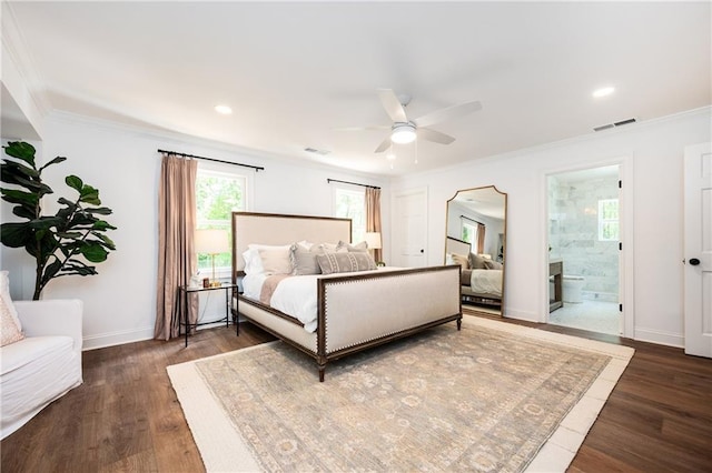 12410 Charlotte Dr, Alpharetta, GA 30004 - bedroom featuring ornamental molding, dark wood-style flooring, recessed lighting, connected bathroom, and ceiling fan