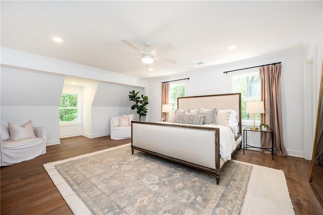 12410 Charlotte Dr, Alpharetta, GA 30004 - bedroom with multiple windows, wood finished floors, recessed lighting, ceiling fan, and ornamental molding