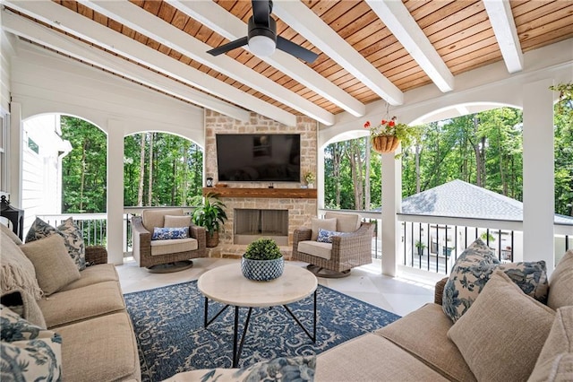12410 Charlotte Dr, Alpharetta, GA 30004 - view of patio / terrace featuring an outdoor living space with a fireplace and ceiling fan