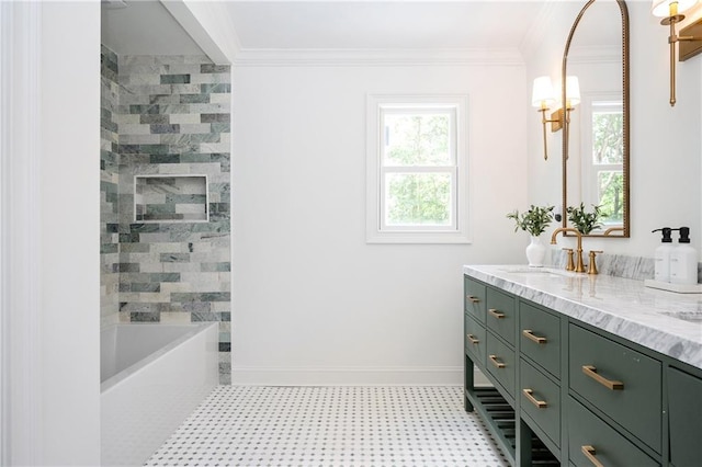 12410 Charlotte Dr, Alpharetta, GA 30004 - bathroom with vanity, tile patterned floors, and crown molding