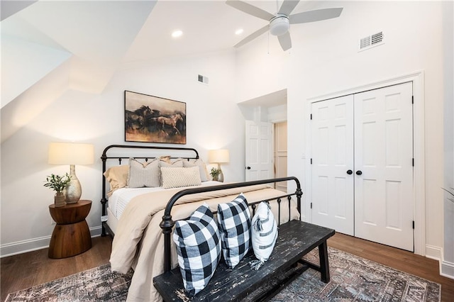 12410 Charlotte Dr, Alpharetta, GA 30004 - bedroom featuring wood finished floors, a closet, recessed lighting, ceiling fan, and high vaulted ceiling