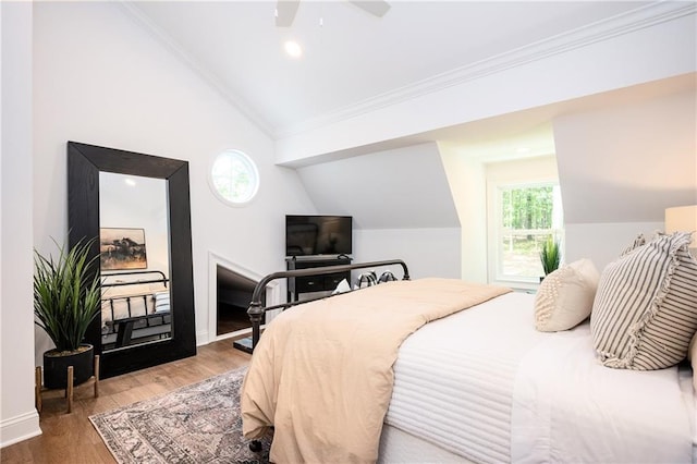 12410 Charlotte Dr, Alpharetta, GA 30004 - bedroom featuring lofted ceiling, ornamental molding, wood finished floors, ceiling fan, and recessed lighting