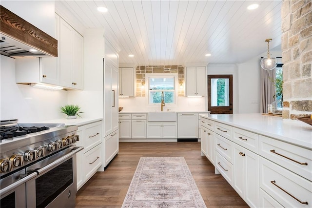 12410 Charlotte Dr, Alpharetta, GA 30004 - kitchen featuring double oven range, custom exhaust hood, dishwasher, wood ceiling, and light countertops
