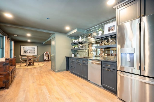 12410 Charlotte Dr, Alpharetta, GA 30004 - kitchen featuring stainless steel appliances, open shelves, light wood-style flooring, recessed lighting, and gray cabinetry
