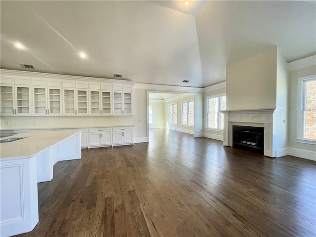 unfurnished living room with lofted ceiling, dark wood-type flooring, and a wealth of natural light