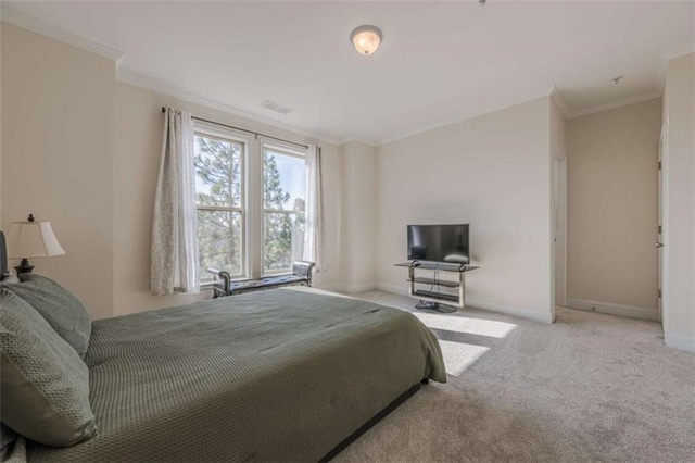 bedroom with light colored carpet and ornamental molding