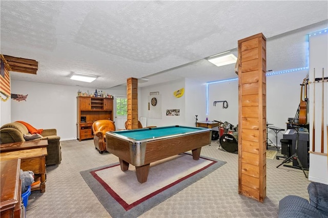 game room with carpet floors, pool table, a textured ceiling, and baseboards