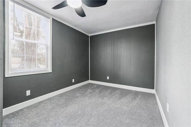 carpeted empty room featuring ceiling fan, plenty of natural light, and a textured ceiling