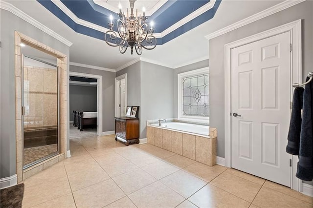 bathroom with crown molding, a notable chandelier, a raised ceiling, tile patterned floors, and shower with separate bathtub