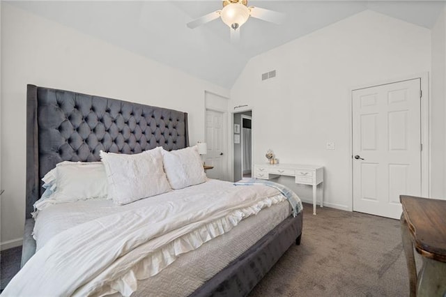 bedroom featuring vaulted ceiling, ceiling fan, and dark carpet