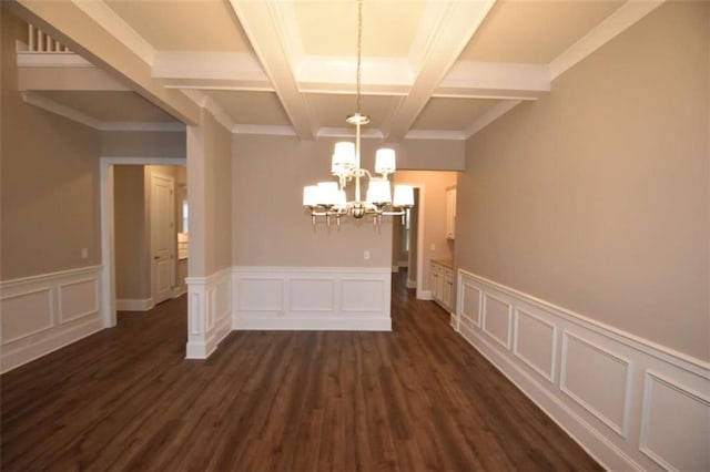 unfurnished dining area featuring dark wood-type flooring and an inviting chandelier