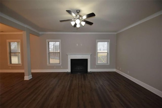 unfurnished living room featuring dark wood-type flooring, ceiling fan, and crown molding