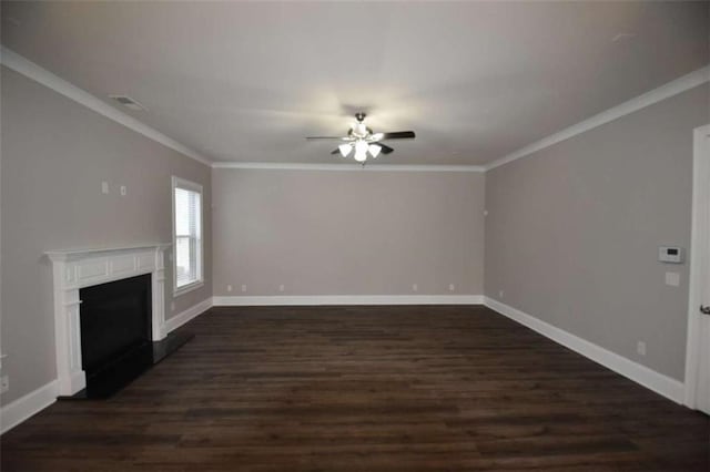 unfurnished living room featuring ceiling fan, dark wood-type flooring, and ornamental molding