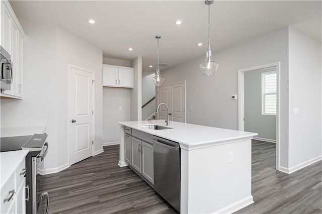 805 York Aly, Acworth, GA 30102 - kitchen featuring stainless steel appliances, dark wood-style flooring, an island with sink, recessed lighting, and white cabinetry