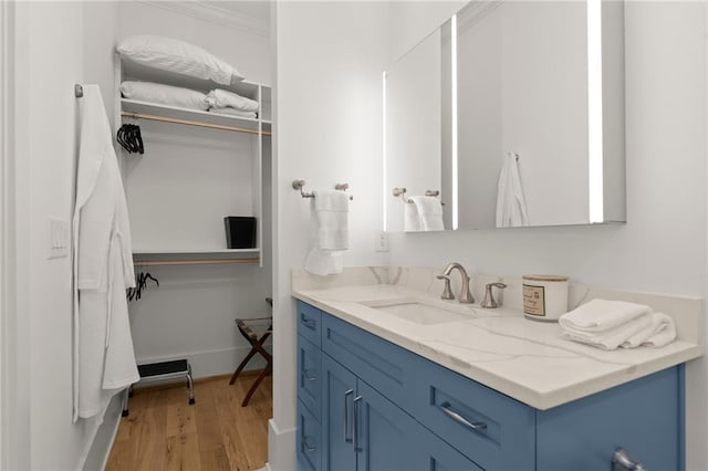 bathroom featuring a spacious closet, vanity, baseboards, and wood finished floors