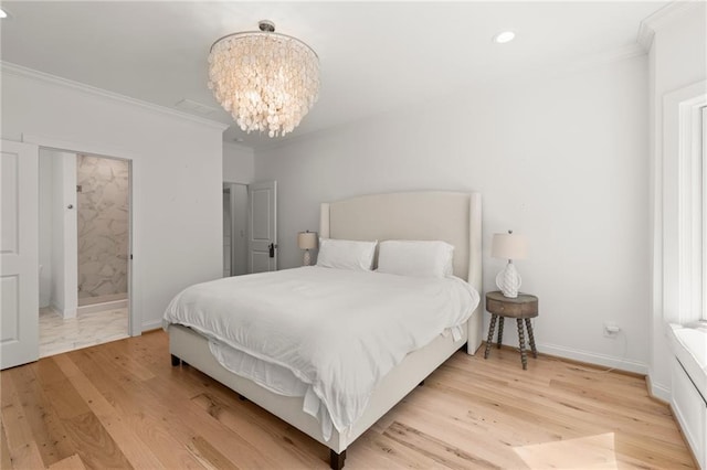 bedroom with ornamental molding, recessed lighting, light wood-style floors, an inviting chandelier, and baseboards