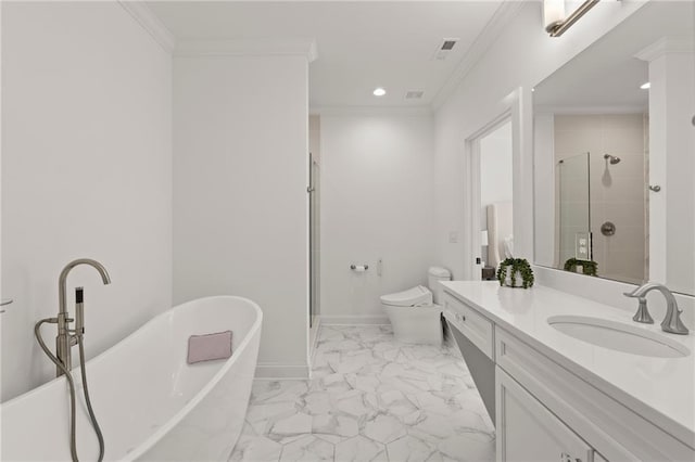 full bath with marble finish floor, vanity, a shower stall, and ornamental molding