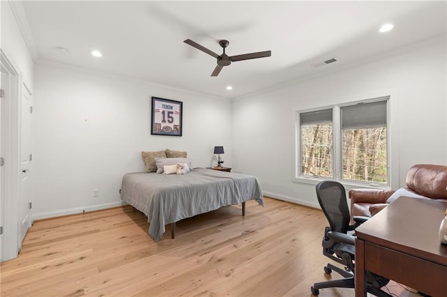 bedroom featuring recessed lighting, baseboards, light wood-style floors, and ornamental molding