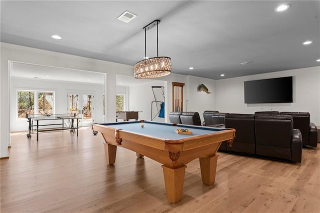 rec room featuring pool table, recessed lighting, visible vents, and light wood finished floors