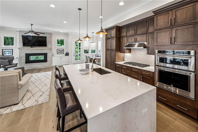 2059 Wheaton Way, Atlanta, GA 30328 - kitchen featuring a sink, stainless steel appliances, ceiling fan, open floor plan, and light wood-style flooring