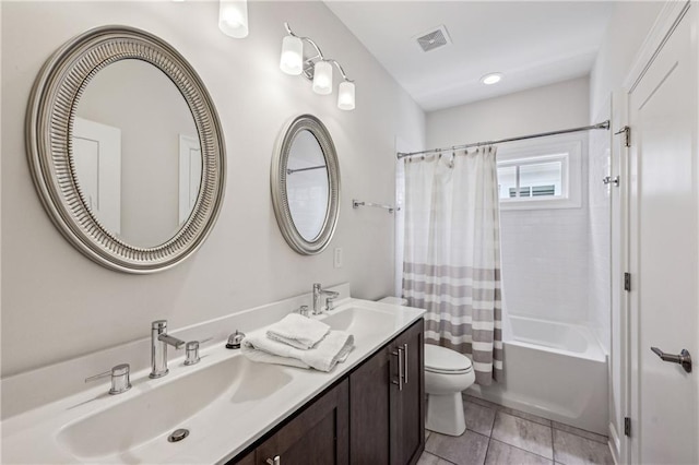 2059 Wheaton Way, Atlanta, GA 30328 - full bathroom featuring toilet, shower / bathtub combination with curtain, double vanity, and tile patterned floors