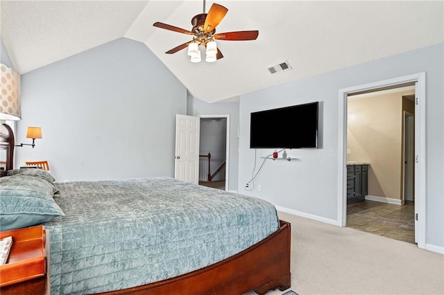 bedroom with visible vents, baseboards, carpet, lofted ceiling, and ceiling fan