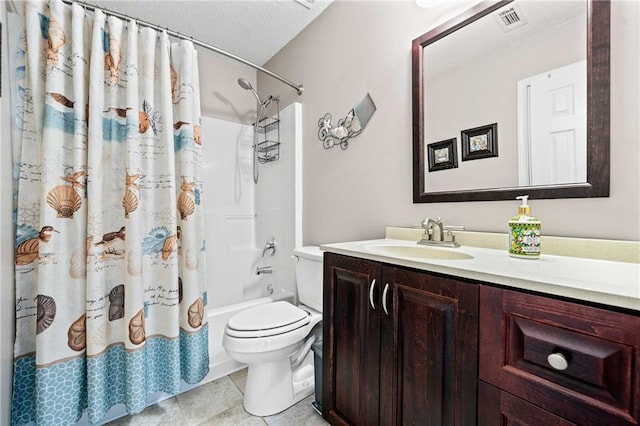 bathroom featuring visible vents, toilet, shower / tub combo with curtain, tile patterned floors, and vanity