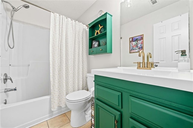 full bath with tile patterned flooring, visible vents, toilet, vanity, and shower / bathtub combination with curtain