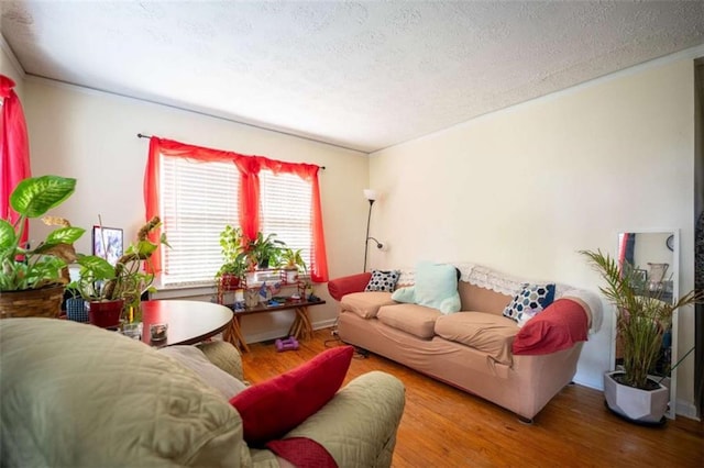 living room with crown molding, a textured ceiling, and wood finished floors