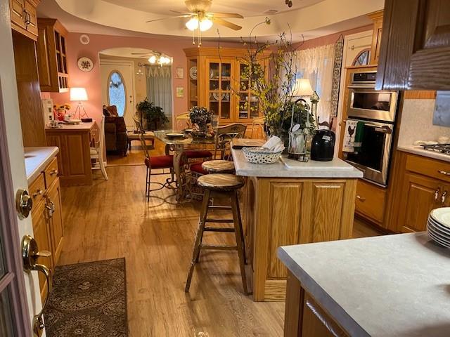 living room featuring light wood-type flooring, ceiling fan, and a raised ceiling