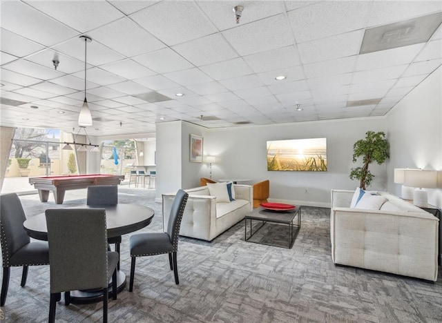 2479 Peachtree Rd Unit 503, Atlanta, GA 30305 - dining area featuring carpet, a paneled ceiling, pool table, and baseboards