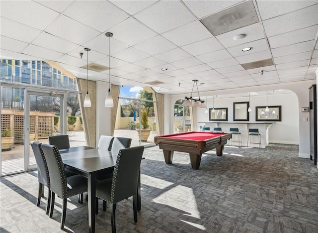 2479 Peachtree Rd Unit 503, Atlanta, GA 30305 - playroom with dark carpet, a drop ceiling, arched walkways, billiards table, and baseboards