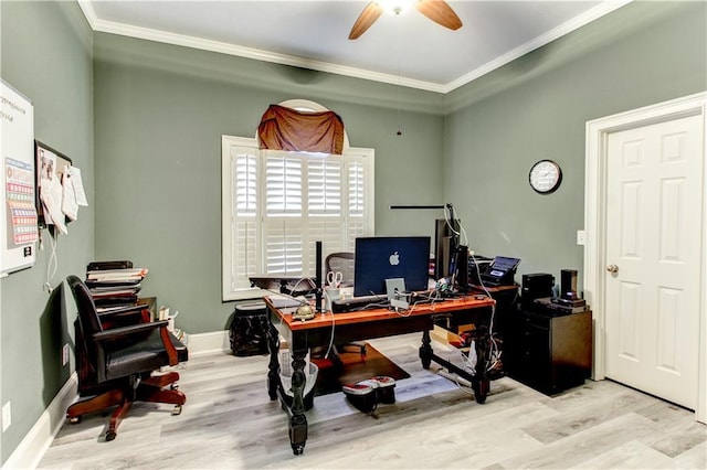 office area featuring ceiling fan, light hardwood / wood-style floors, and ornamental molding