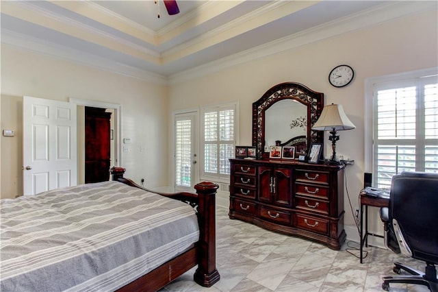 bedroom with access to outside, a raised ceiling, ceiling fan, and ornamental molding